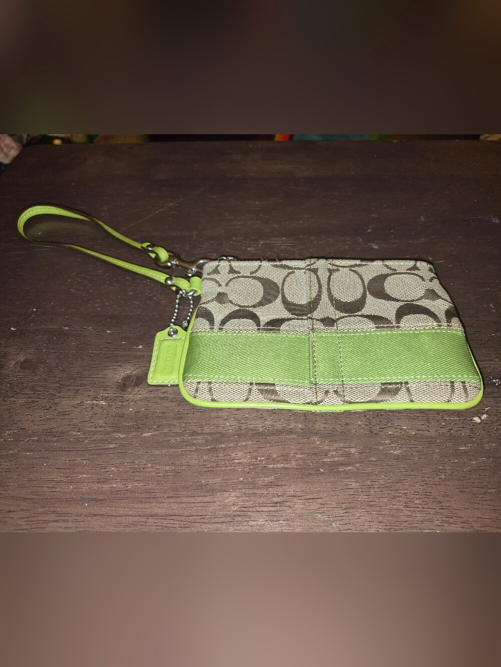 Coach Tan Signature Canvas Wristlet with Lime Green Trim